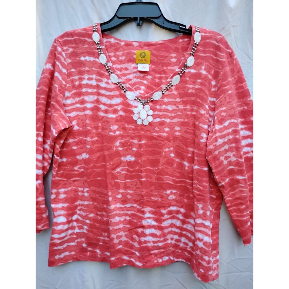 Ruby Rd Tie Die Top Beaded 3/4 Sleeve SZ Large Orange Cotton Stretch Rounded Hem
